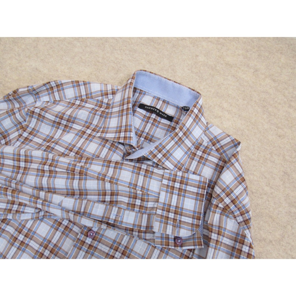 Hammer Made Mens Slim Fit Long Sleeve Plaid Button Down Shirt Blue Brown 42/16.5